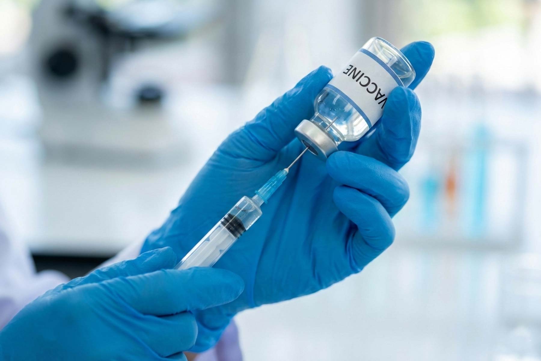 A close-up view of a doctor's hands extracting vaccine from a vial